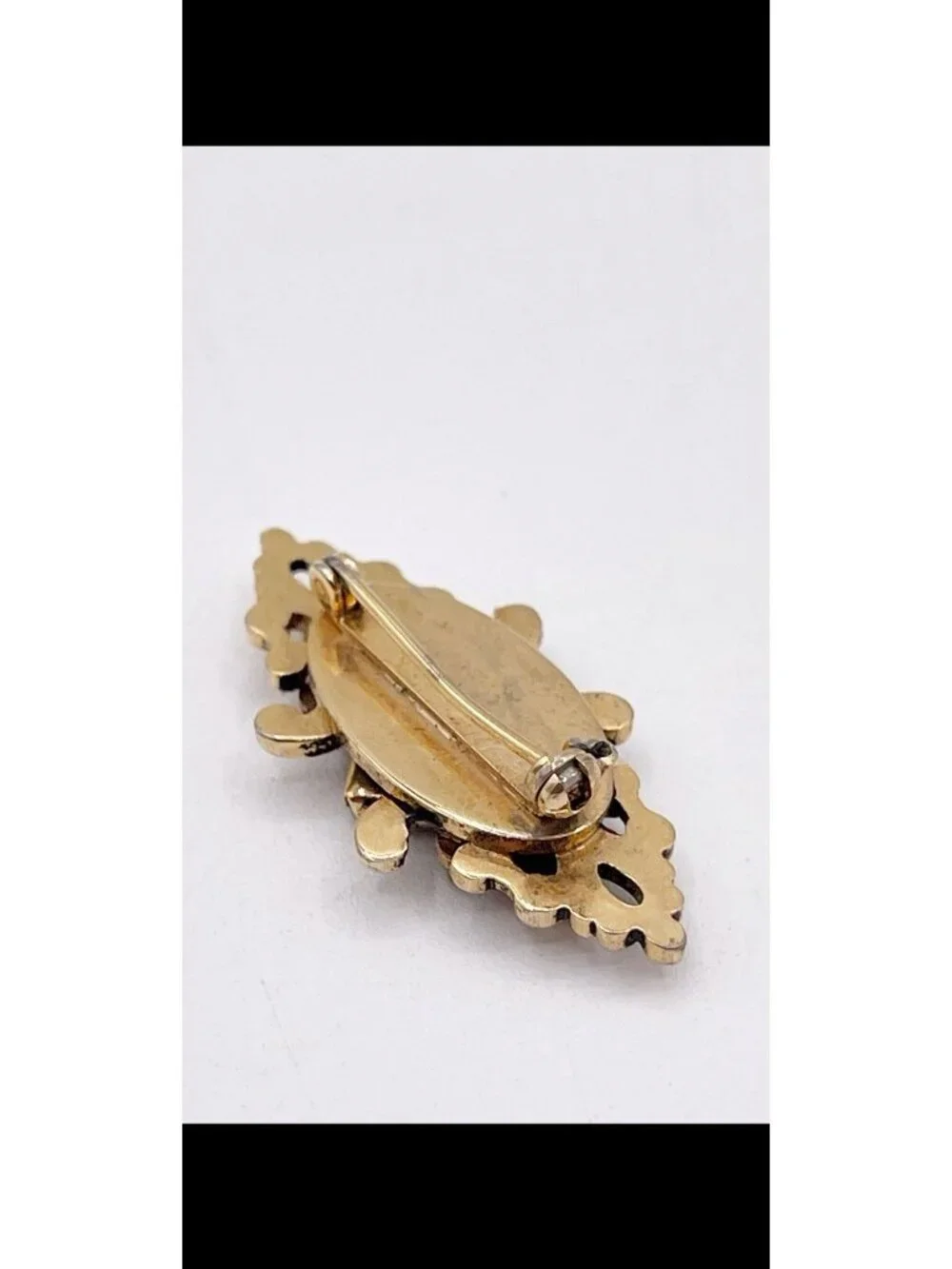 Vintage Tiger Eye Brooch Gold Tone Victorian Revival Scroll Bar Pin Ornate